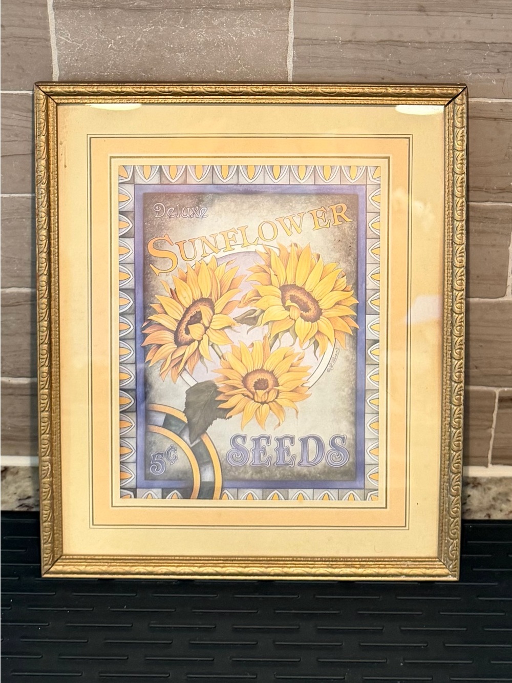 Vintage Ornate Gold Frame Sunflower Seeds Packet Print Farmhouse Wall Decor